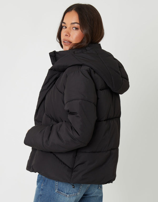 Women's Black Hooded Double Collar Puffer Jacket