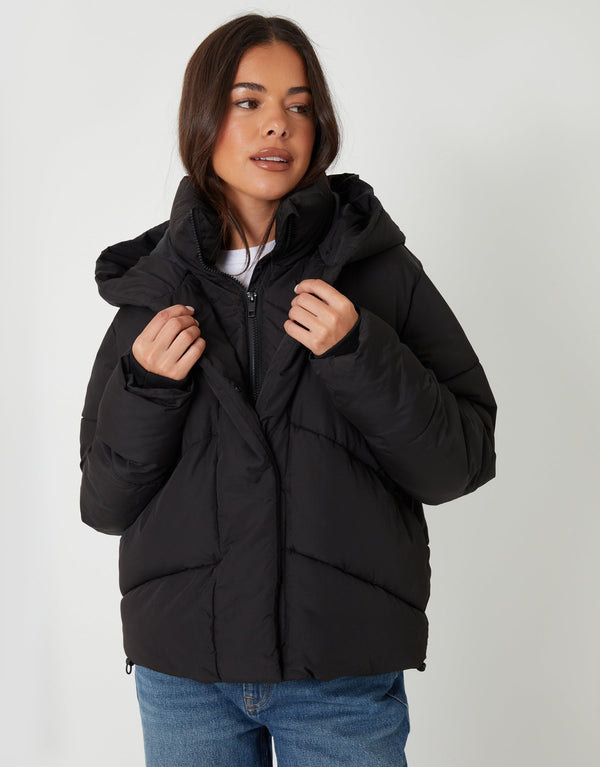 Women's Black Hooded Double Collar Puffer Jacket