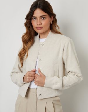 Teexe Women's Ecru Brushed Cropped Bomber Jacket