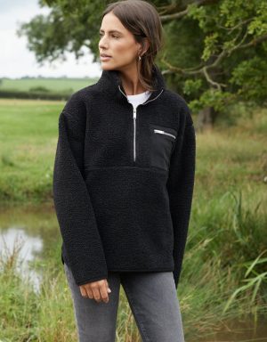 Teexe Women's Black Half Zip Borg Fleece