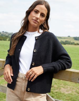 Teexe Women's Black Button Up Knitted Cardigan