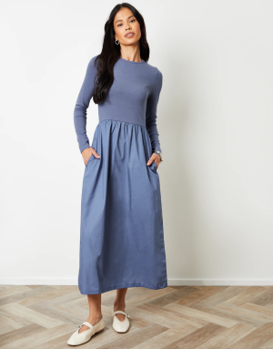 Teexe Women's Blue Rib Jersey 2-in-1 Midi Dress with Poplin Skirt