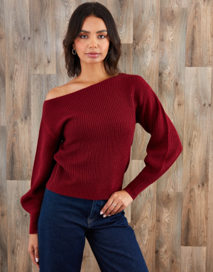 Teexe Women's Burgundy Chunky Knit Slash Neck Jumper