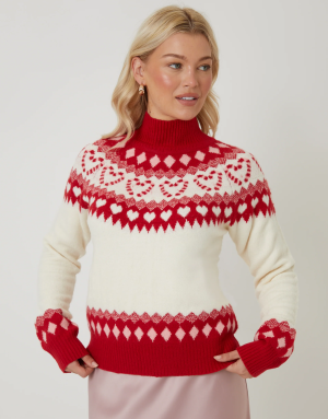Teexe Women's Ecru Love Heart Fair Isle Knitted Jumper