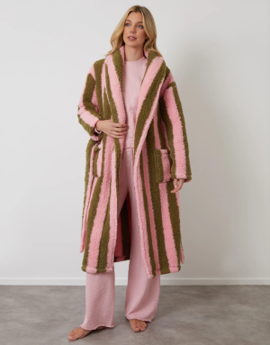 Teexe Women's Pink Stripe Borg Dressing Gown