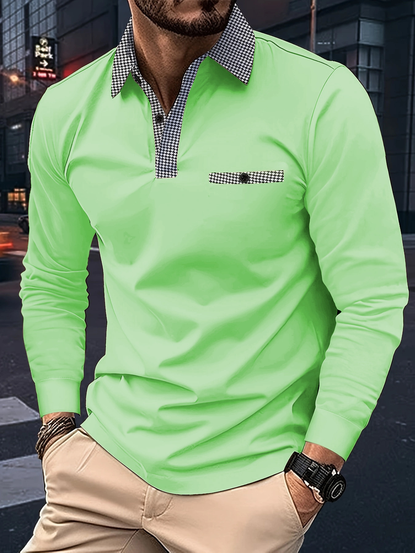 Teexe | Men’s Leisure Plaid Lapel Long Sleeve Polo Shirt - Image 4