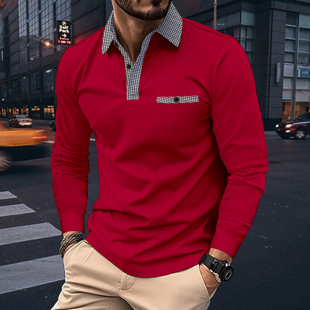 Teexe | Men’s Leisure Plaid Lapel Long Sleeve Polo Shirt - Image 7