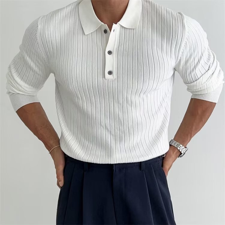 Teexe | Men’s Slim Fit Striped Lapel Long Sleeve Polo Shirt - Image 2