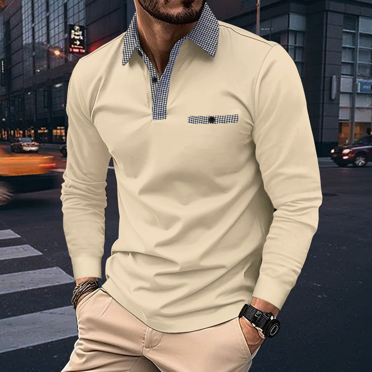Teexe | Men’s Leisure Plaid Lapel Long Sleeve Polo Shirt - Image 3